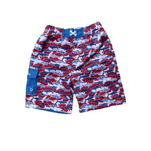 UV Skinz Boys Shark Swim Trunks UPF 50+ Red Blue Lined Elastic Waist Size 7